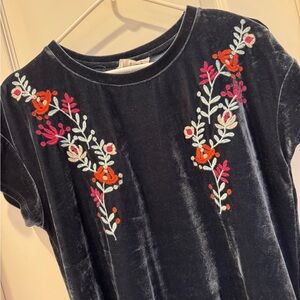 THML Velvet Embroidered Floral Boho Top Black Short Sleeve L